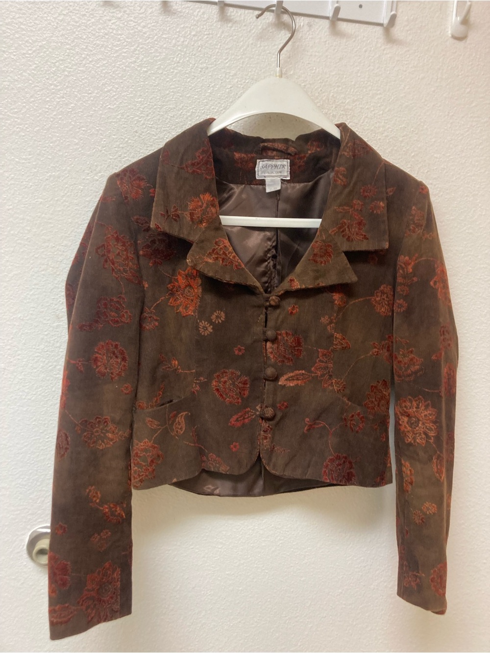 SAPPHIR Chocolate Brown Velvet Imprinted Corduroy Jacket (S)